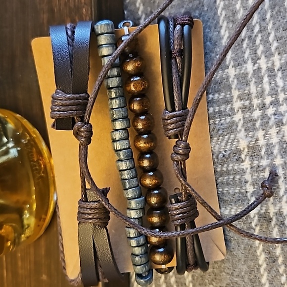 Leather and Cord and Wooden Bead Stacked Bracelets Unisex - Picture 3 of 3